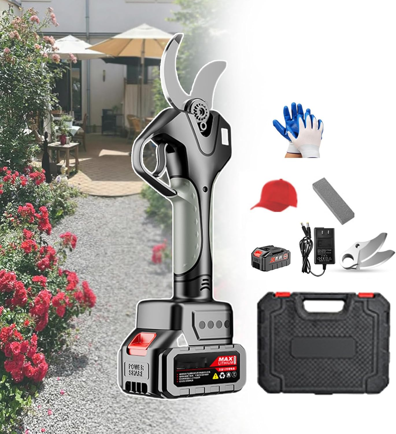 Pruning Shears 1.7 Inch, Electric Secateurs, Garden Tree Trimmer Brushless Electric Scissors, Battery-Operated Scissors, With 2 Knives, Gloves, Sun Hat,1-Battery