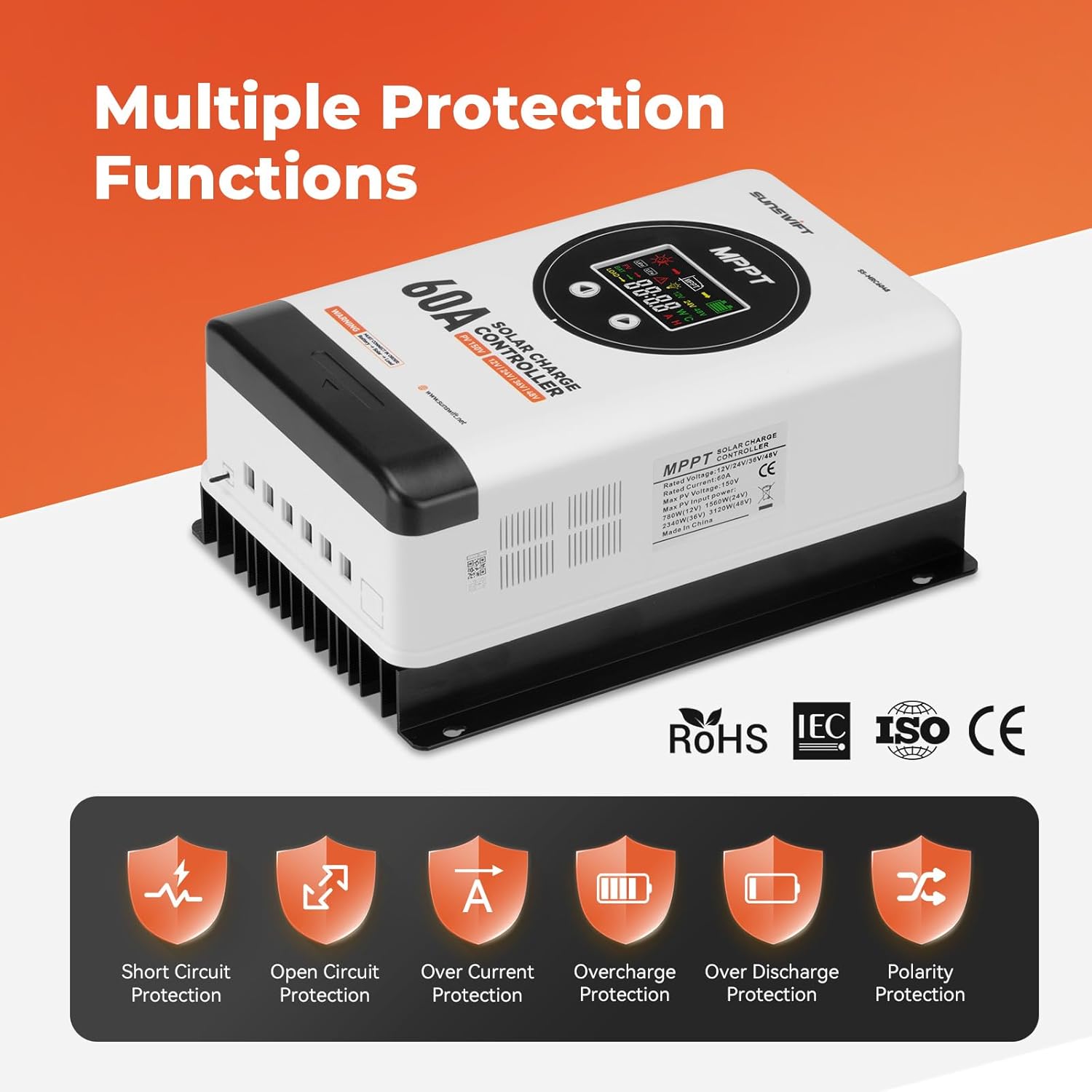 60A MPPT Solar Charge Controller, 12V/24V/36V/48V Auto, Large LCD Display, Compatible with AGM, Gel, Flooded & Lithium Batteries, Plug-and-Play, Maximum 150V Input