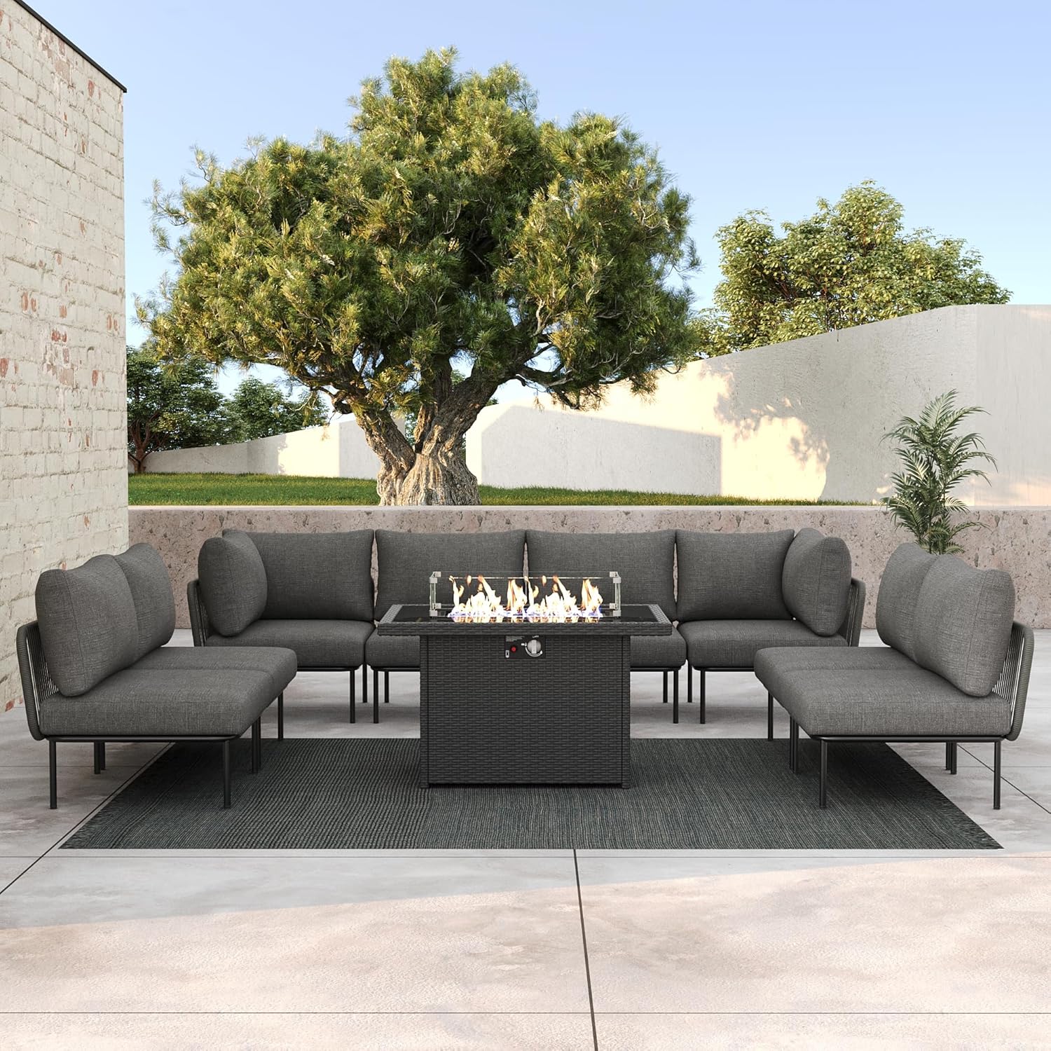 LayinSun 9 Pieces Aluminum Patio Furniture Set, Modern Modular Sectional Sofa with Fire Pit Table and Upgrade Thickness Cushion