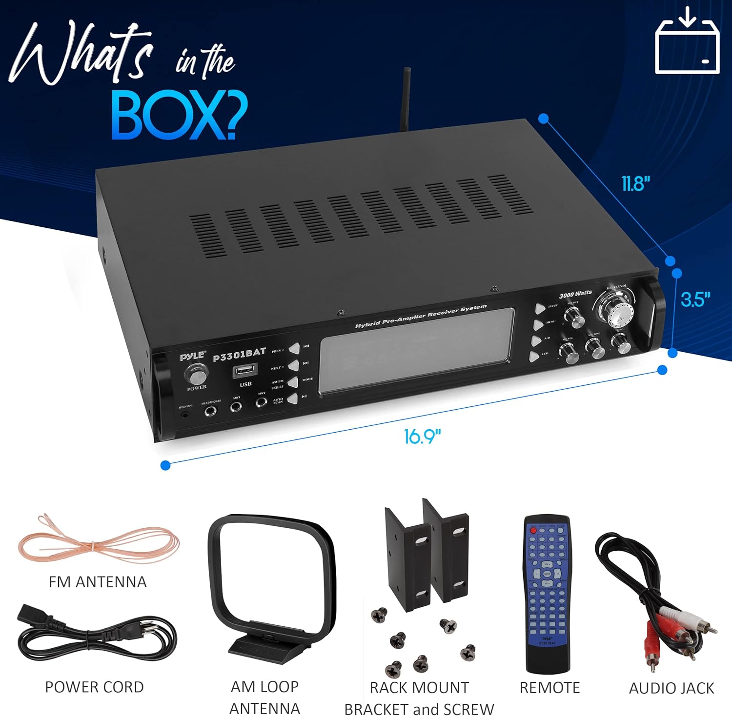 Pyle Wireless Bluetooth Home Stereo Amplifier- Hybrid Multi-Channel, 3000W Power Amplifier, Home Audio Receiver System w/ AM/FM Radio,MP3,USB, AUX, RCA, Karaoke Mic in, Rack Mount, Remote- P3301BAT.5