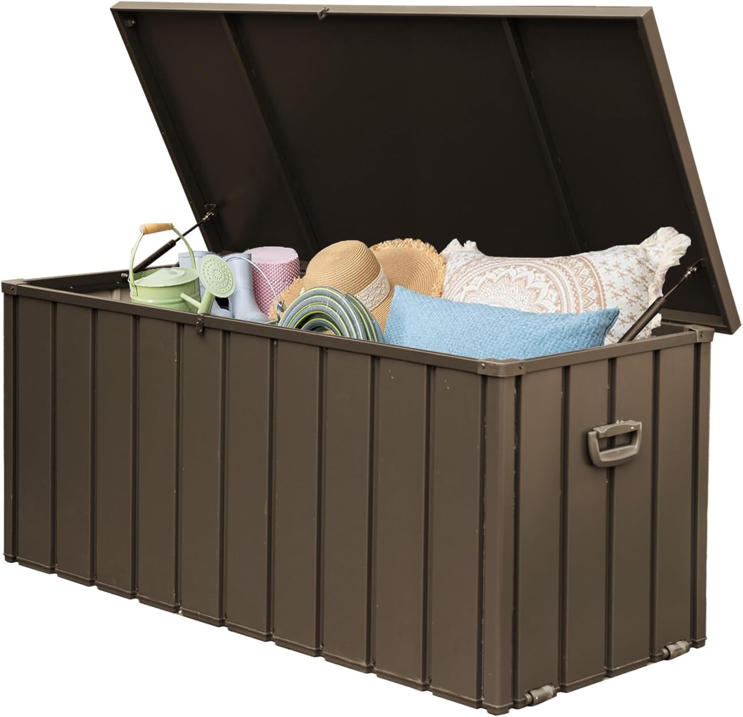 LANTRO JS 200 Gallon Metal Deck Box, Outdoor Storage Box Waterproof with Wheels, Lockable Storage Container for Patio Furniture Cushions Garden Tools, Dark Brown