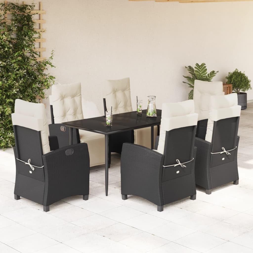 7 Piece Patio Dining Set with Cushions Black Poly Rattan Garden Furniture