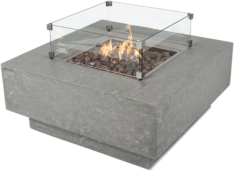 Elementi Manhattan Fire Pit Bundle Outdoor Firepit 36” Natural Gas Firepit Table, Glass Windscreen, Stainless Steel Cover, Canvas Cover, Floor Mat and Beverage Tub
