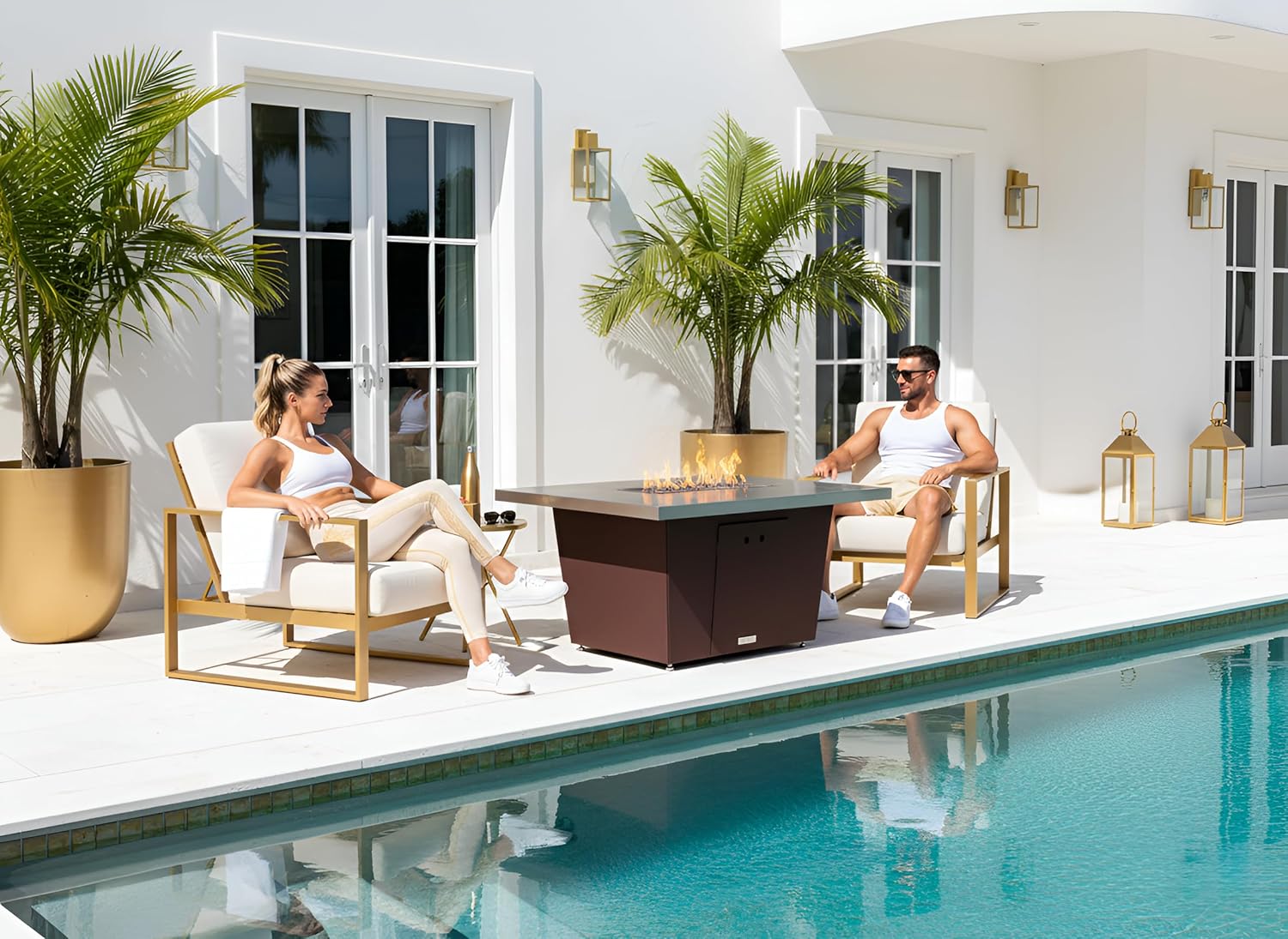 COOKE Palisades Rectangular Fire Pit Table - 44x36 - Chat Height - Natural Gas - Brushed Aluminum Top with 3cm Edge - Dark Cherry Powdercoat Base