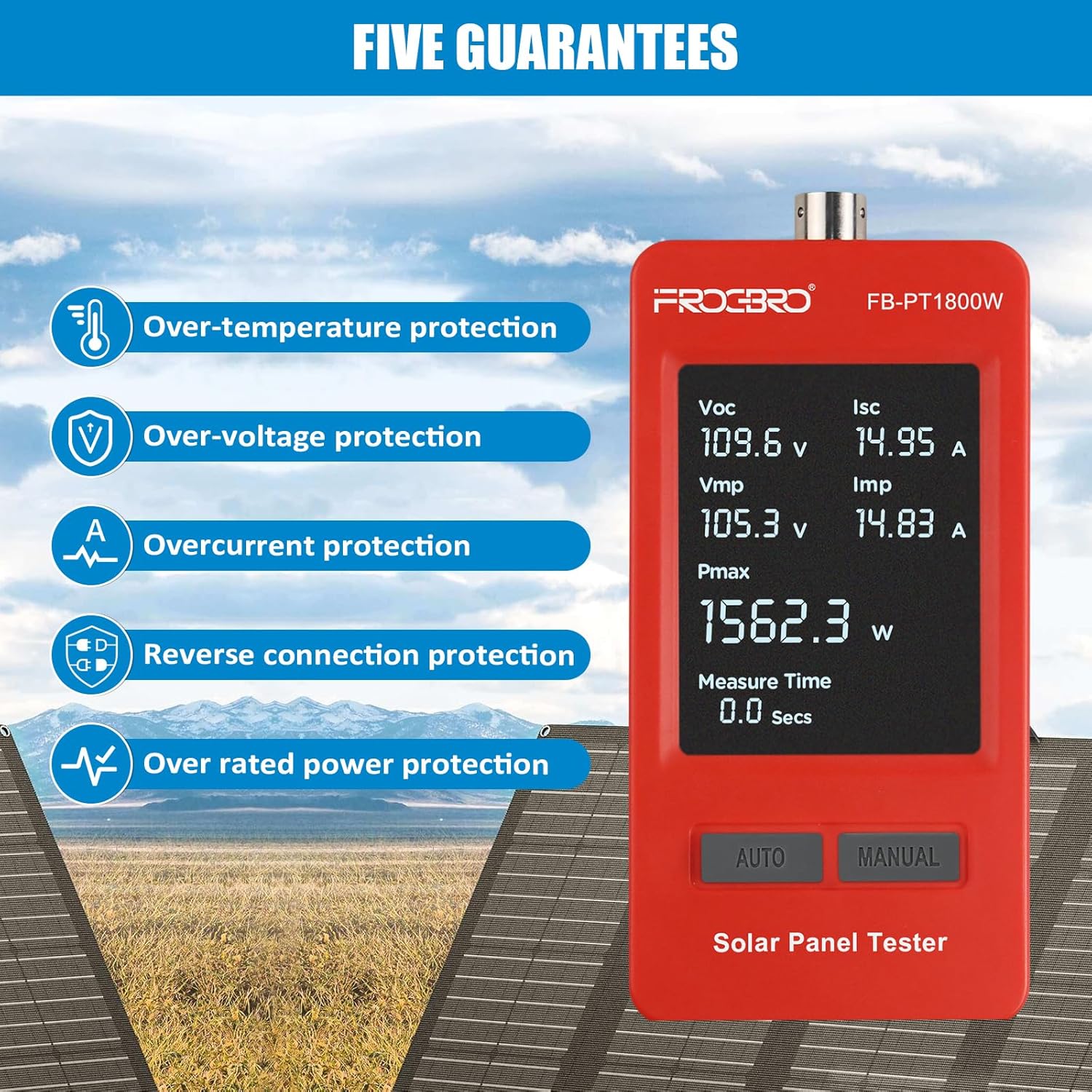 FrogBro 1800W Solar Panel Tester – PV Multimeter with Smart MPPT & HD OLED Display for Solar Panel Diagnostics and Data Analysis
