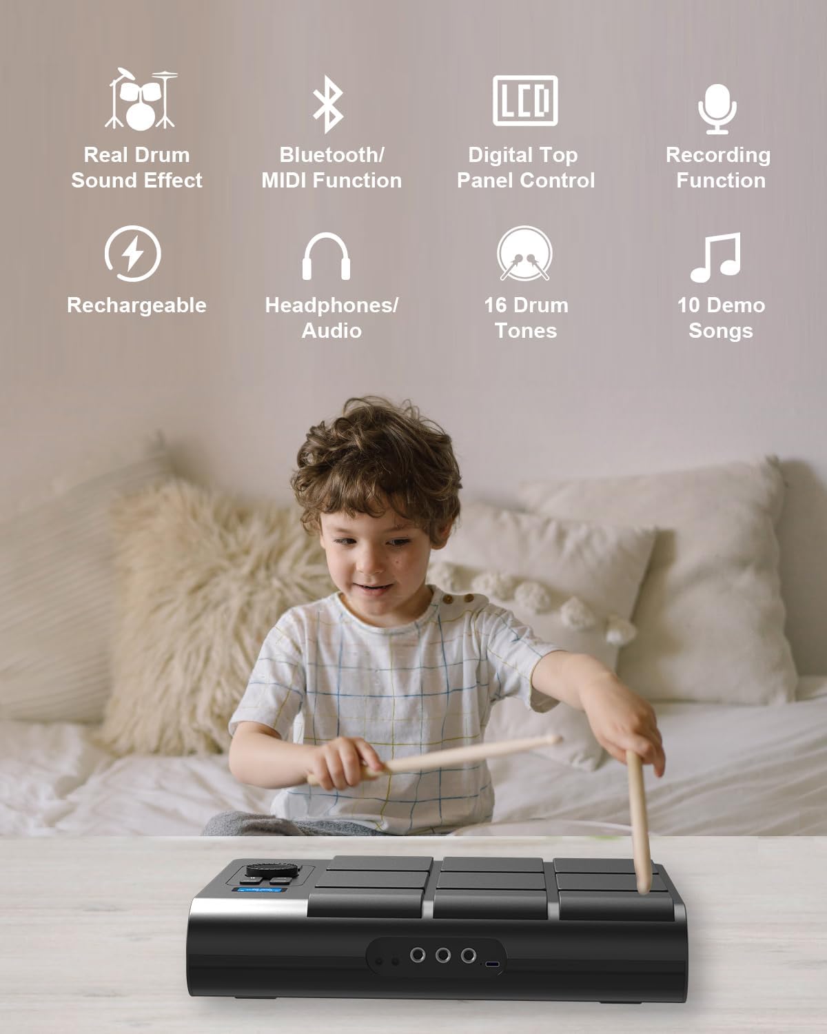 9 Pads Electronic Drum Pad, Electronic Tabletop Drum Set, Portable Digital Drum Kit with Velocity Sensitivity, LED Drum Pad Lights, MIDI Mac & PC Support, Ideal Gift for Beginners