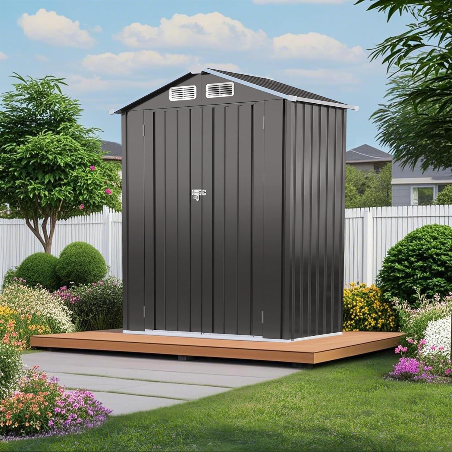 Outdoor Storage Shed, 5 x 3 FT Metal Shed with Lockable Door, Sloped Roof and Vents, Waterproof Garden Tool Shed for Lawn Patio Backyard Storage & Organization, Grey