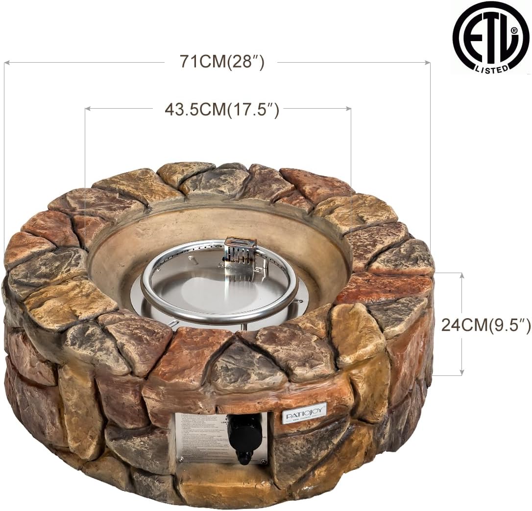 COSTWAY 28-Inch Gas Fire Pit 40,000 BTU Propane Fire Pit Outdoor with Natural Stone, Cover, Stainless-Steel Gas Burner w/Electronic Ignition Lava Rock, ETL Certification, Brown