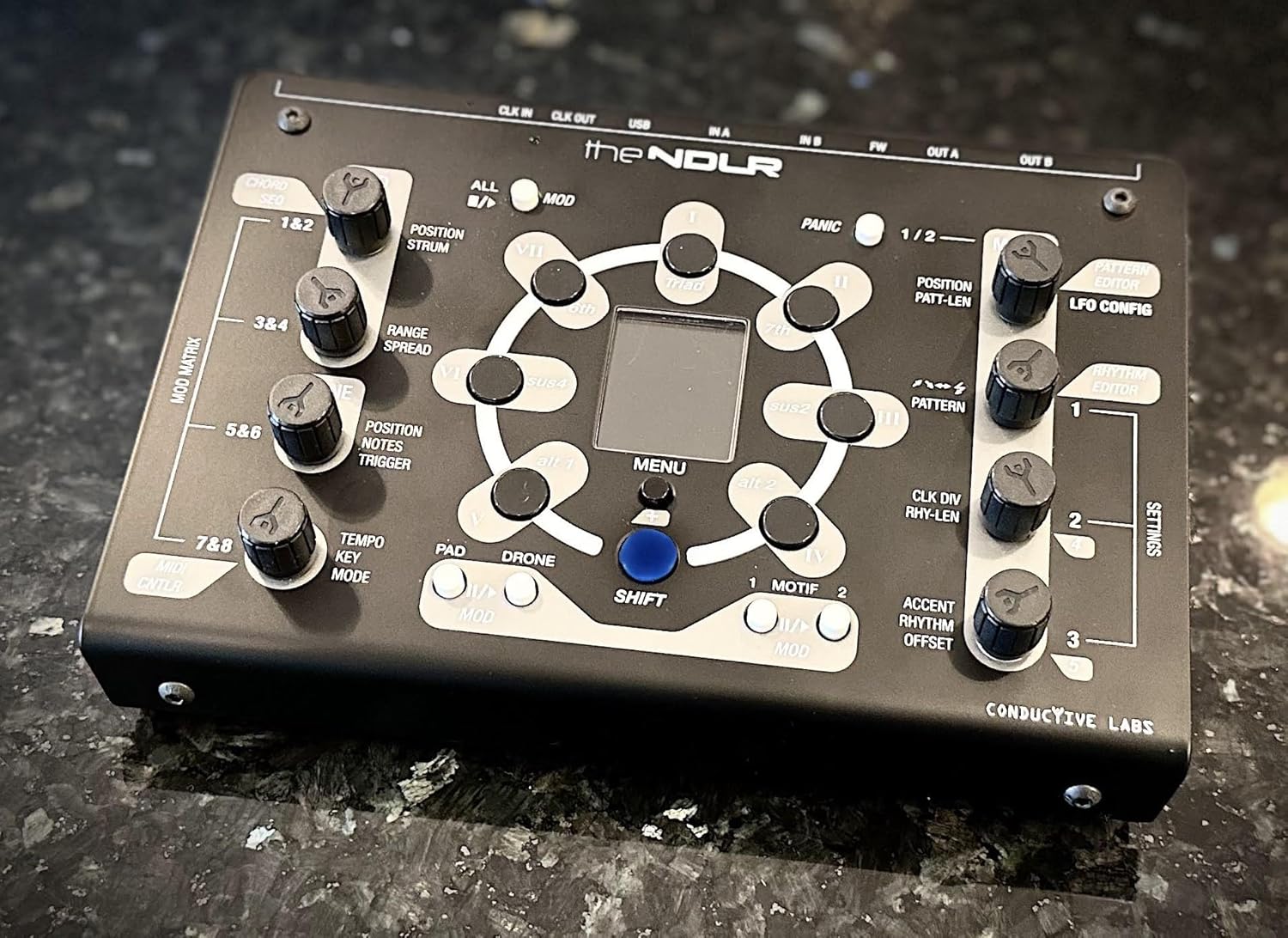 The NDLR Multi-part Polyphonic Interval MIDI Sequencer Groove Box - 2 Sequenced Arpeggiators, Chord and Drone Player. 2 MIDI In and Out Ports, 4 USB MIDI Ports, Includes USB Cable