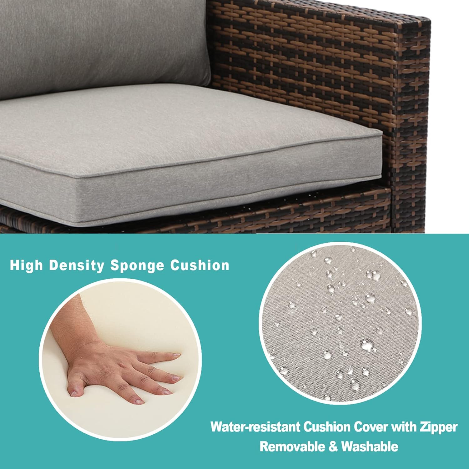 COSIEST 6-Piece Outdoor Furniture All-Weather Mottlewood Brown Wicker Sectional Sofa w Warm Gray Thick Cushions, Glass-Top Coffee Table, 1 Teal Pattern Pillows Incl. Clips