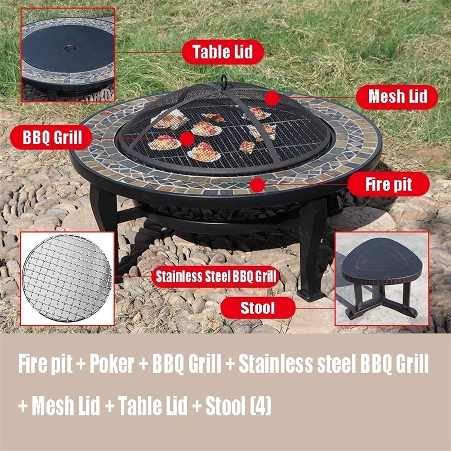 Fire Pits Outdoor Round Outdoor Wood-burning Fire Bowl, Portable Campfire Pit, 86cm Large Garden Barbecue Table, with 4 Stools