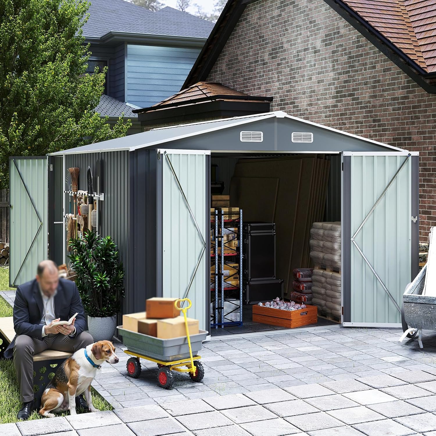 6x8 FT Sheds & Outdoor Storage, Steel Storage Shed with Lockable Doors and Window, Waterproof Garden Shed w/Roof Slope Design & Weather Versatility, Tool House (Dark Gray, 9x11 FT)