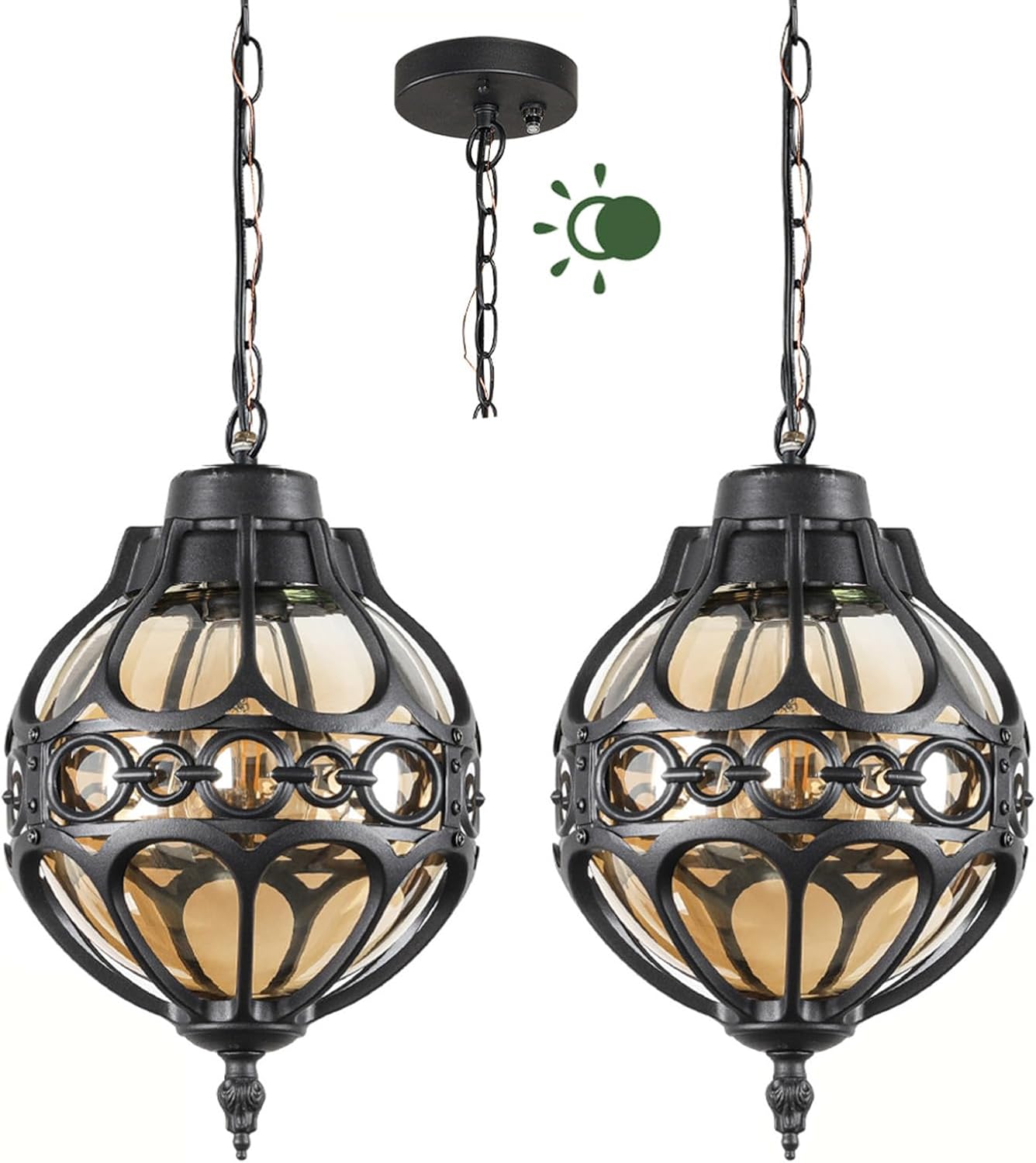 Dusk to Dawn Globe Outdoor Pendant Lights for Porch Garage, Black Round Aluminum Anti-Rust Hanging Lighting Fixture, Industrial Exterior Ceiling Lantern Light with Amber Glass, 2 Pack