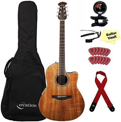 Ovation CS24P-FKOA Acoustic-Electric Guitar Bundle, Figured Koa
