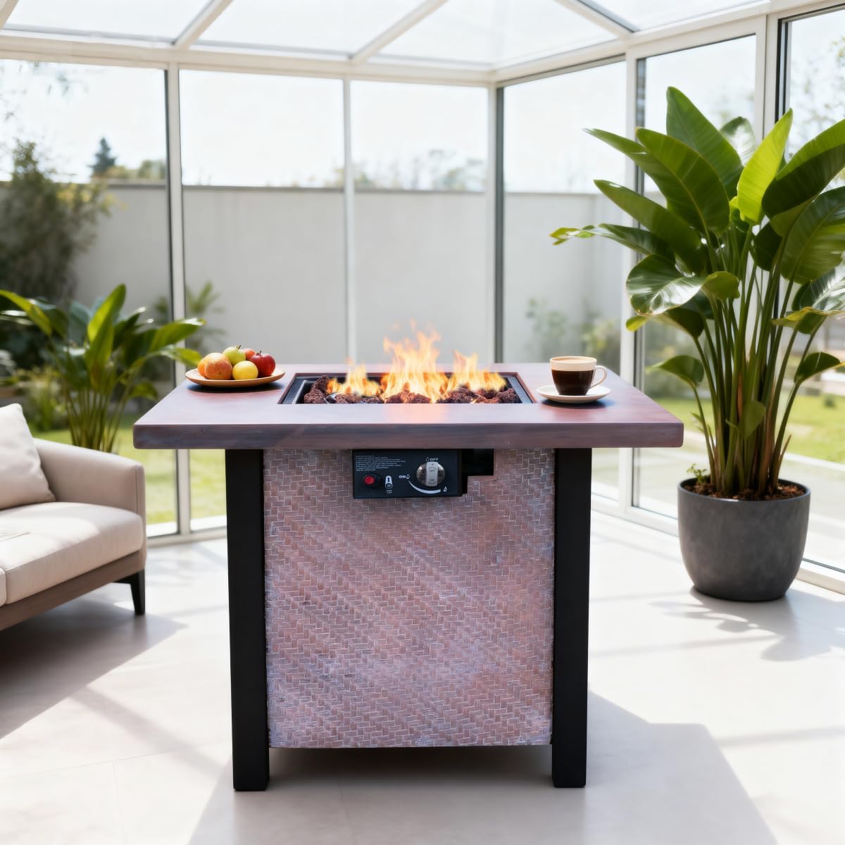 25-inch Square Outdoor Propane Fire Pit Table, 50,000 BTU Dark Pink Rattan Weave Design, High-Temp Resistant Fiberglass & Iron Patio Heater with Cover for Garden, Deck