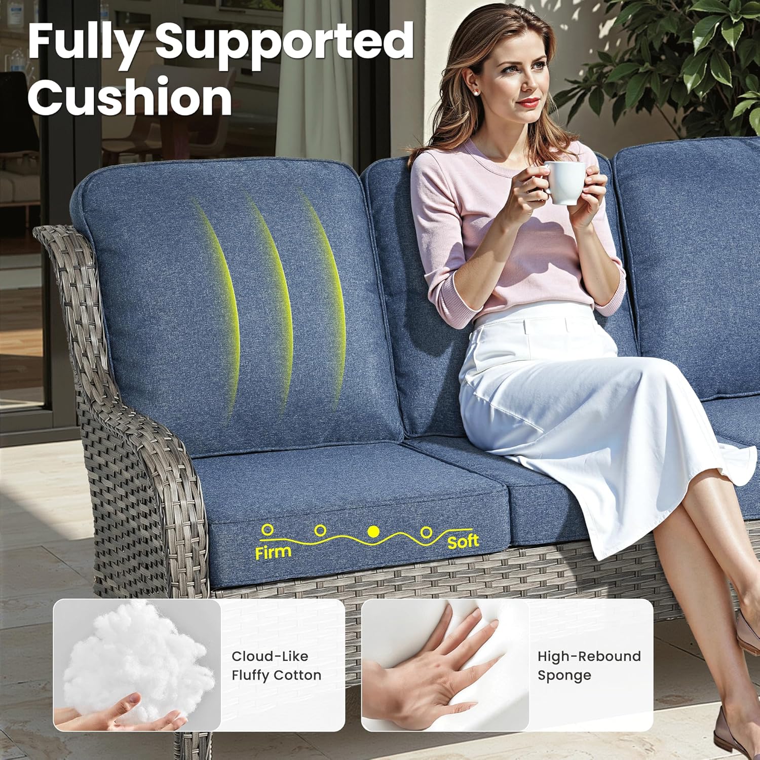 ovios 9 Pieces Patio Furniture Set with 30 inch Fire Pit Table, Outdoor Wicker Sofa Couch Swivel Rocking Glider Chairs, Modern Luxury Conversation Set, Grey Rattan, Denim Blue