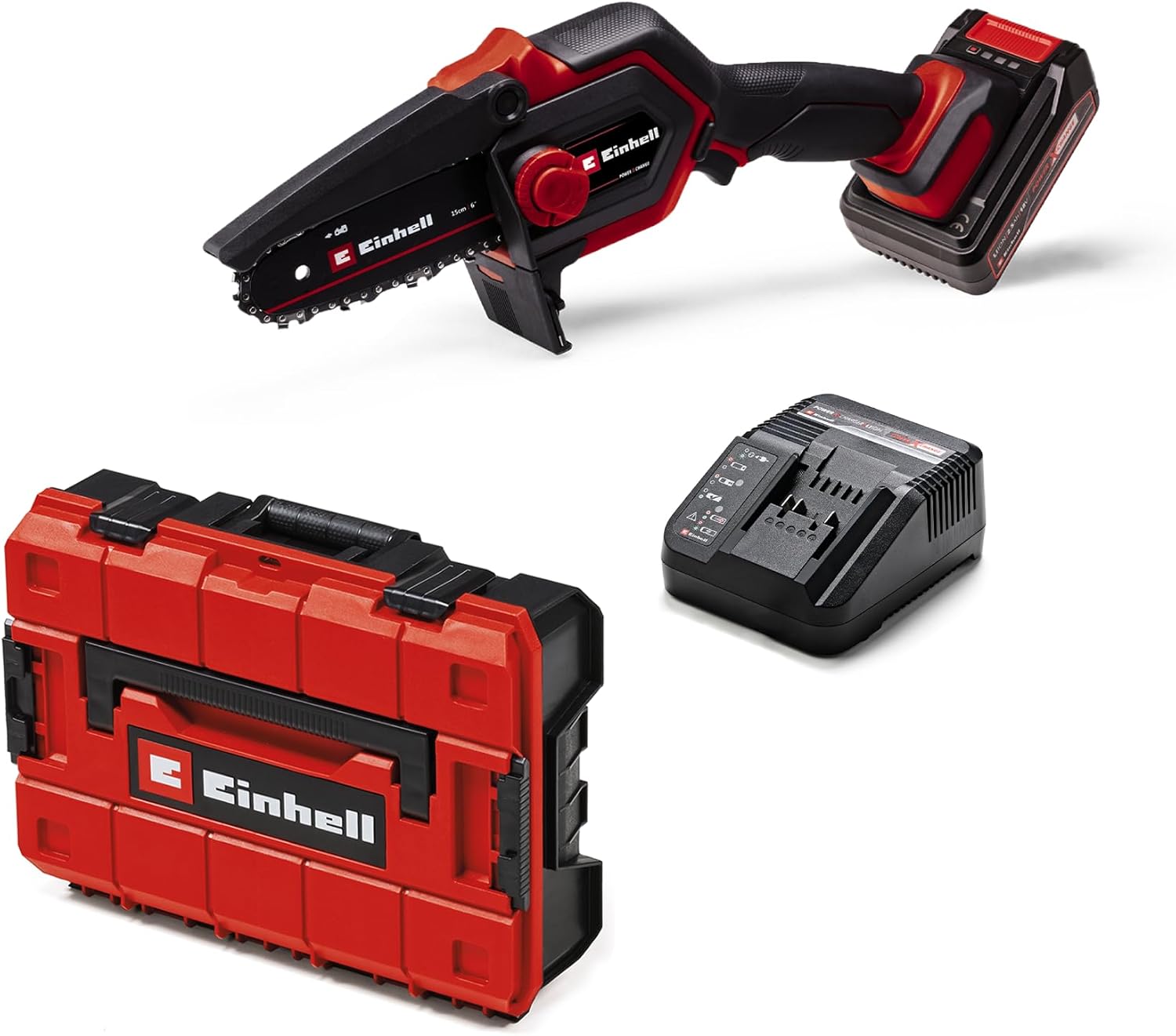 Einhell Cordless Pruning Saw GE-PS 18/15 Li BL Kit Power X-Change (18 V, Brushless, 12.5 cm Cutting Length, Tool-Free Sword/Chain Change, Includes 2.5 Ah Battery, Charger, E-Case S-F)