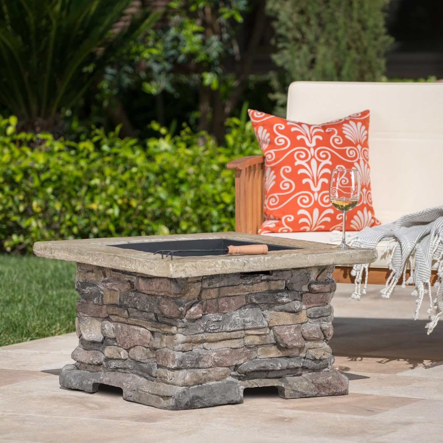 28-Inch Wood Burning Outdoor Fire Pit with Lid - Stone