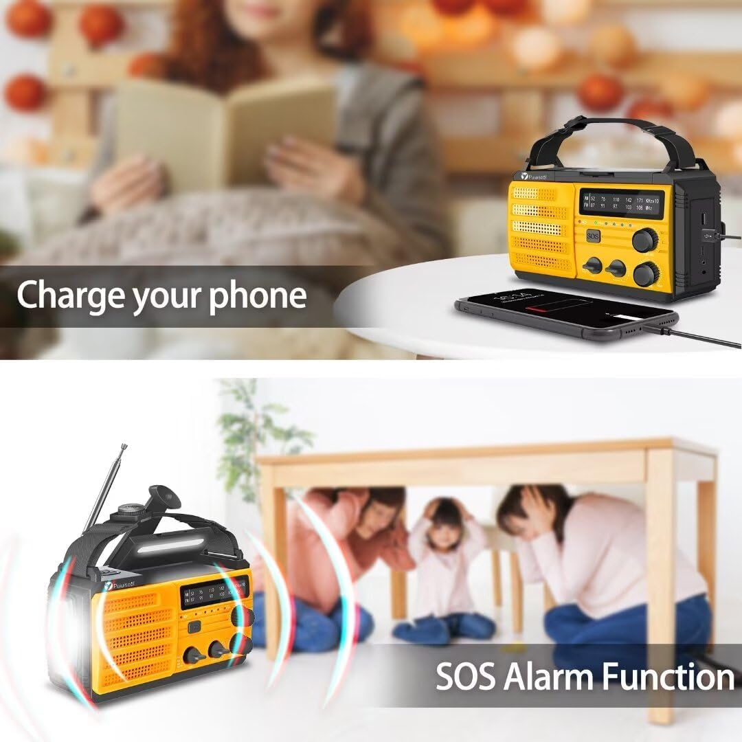 Emergency-Radio,Puiuisoul 8000mAh Portable Weather Solar Radios with Hand Crank,Reading Lamp,3 Gear LED Flashlight,SOS Alarm,AM/FM/NOAA,Headphone Jack