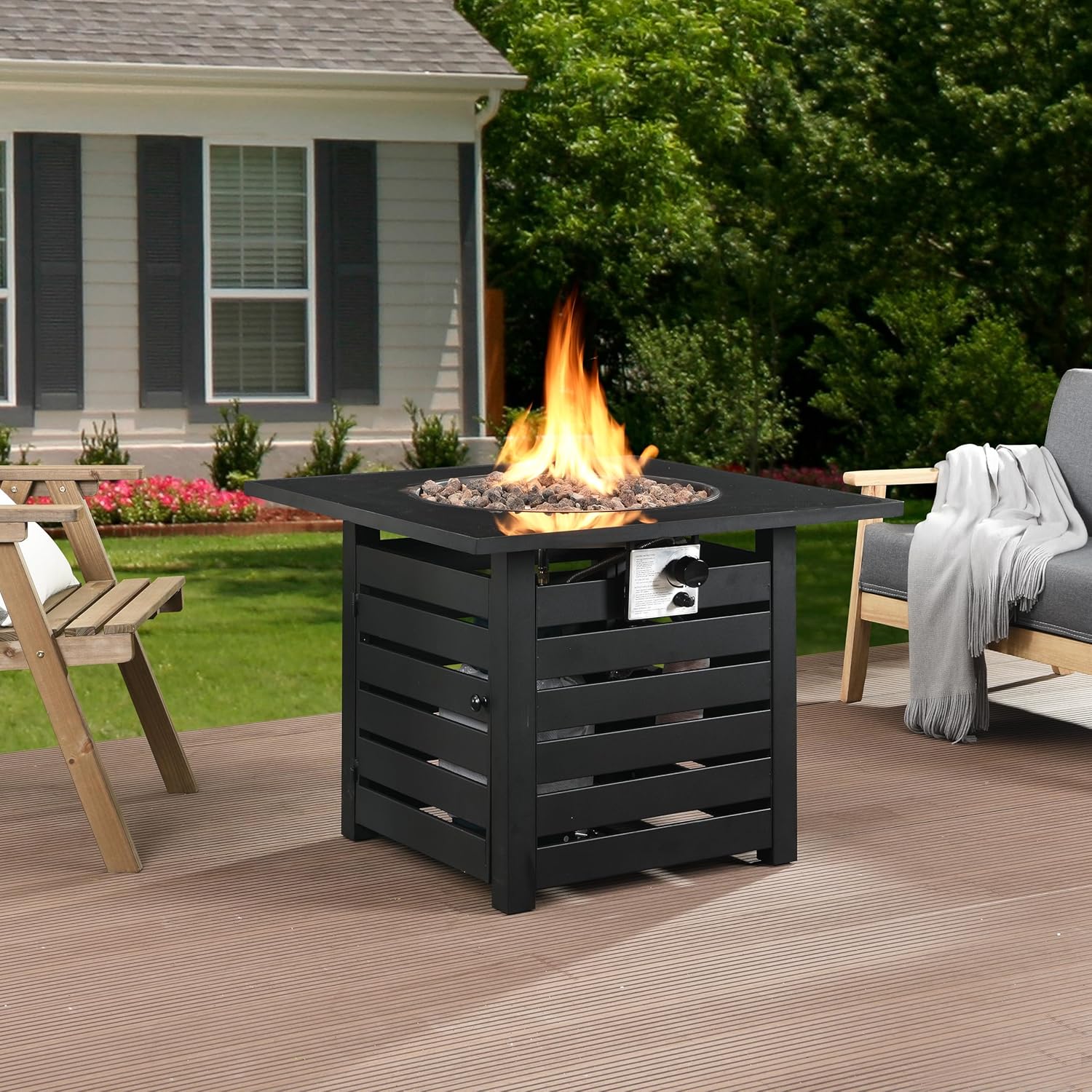 32 in. x 24 in. 40000 BTU Square Black Metal Propane Gas Fire Pit Table with Gray Table Top