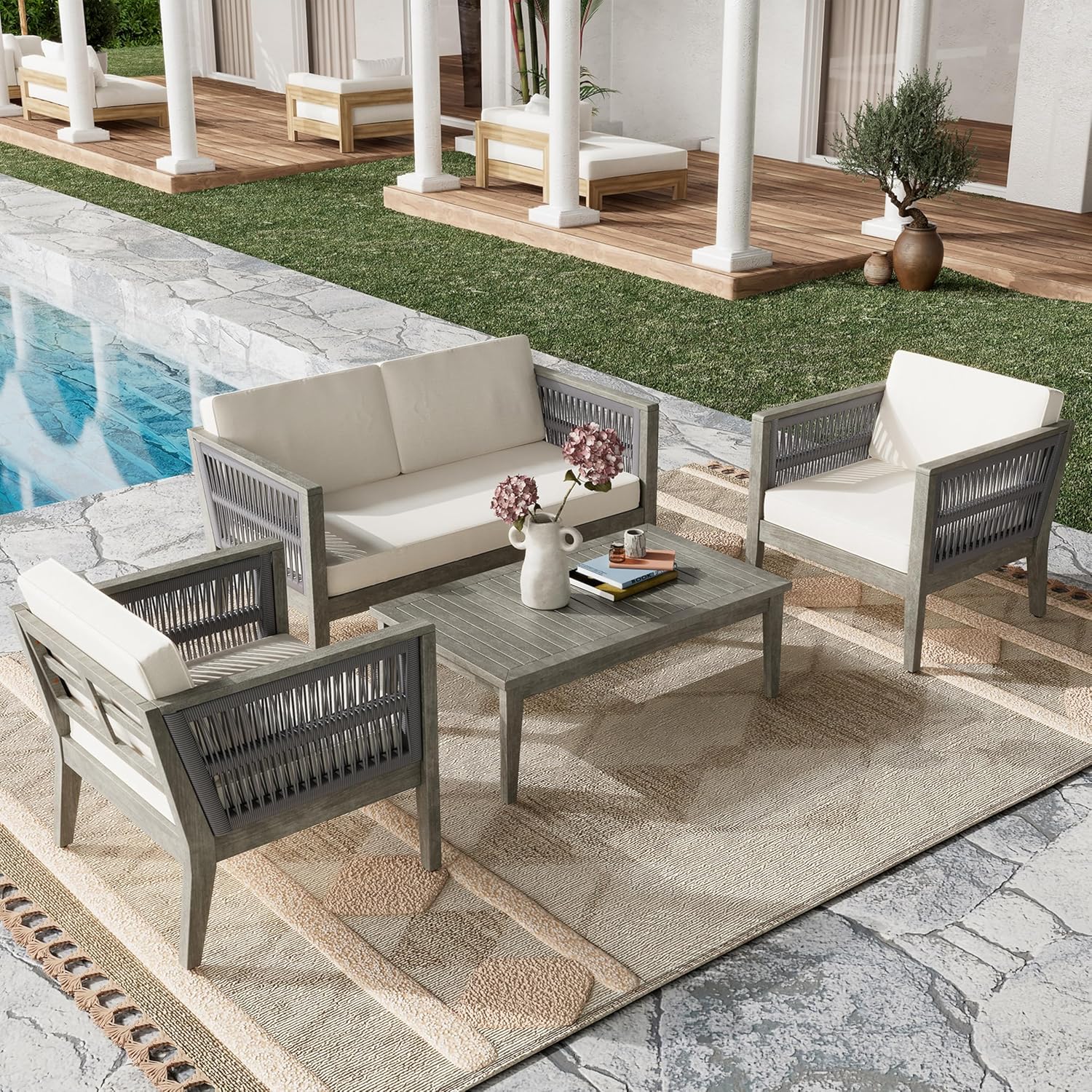 Christopher Knight Home Outdoor Acacia Wood Patio Set, 4-Pieces Patio Conversation Set, Outdoor Furniture with Coffee Table, Patio Deep Seating with Cushion, Porch Chairs for Garden, Grey+Beige