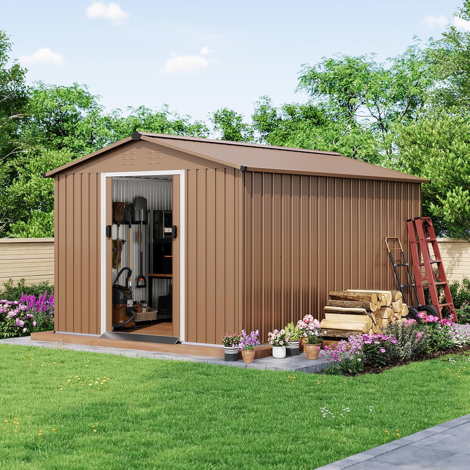 Garvee 8x12 ft Outdoor Storage Shed, Weatherproof Garden Metal Sheds & Outdoor Storage with Lockable Doors, Air Vents & Sloping Roof, for Backyard, Patio, Garage, Lawn, Brown