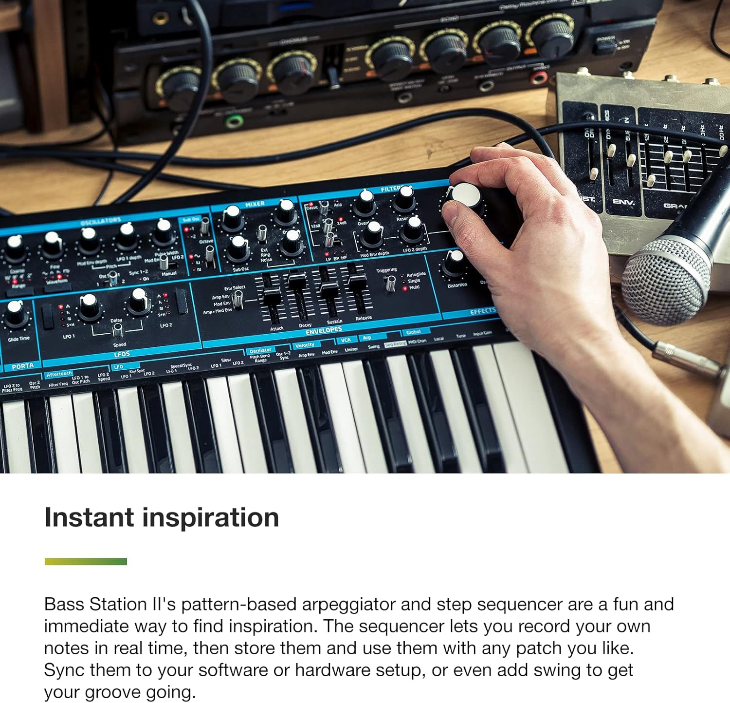 Novation Bass Station II Analog Monosynth – includes 64 factory patches, pattern-based step sequencer and arpeggiator, two oscillators plus an additional sub oscillator