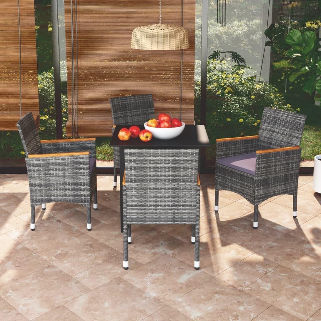 5 Piece Patio Dining Set with Cushions Poly Rattan Gray,Sturdy Garden Dining Set with Rust Proof Rattan Chairs and Acacia Wood Armrests for Outdoor Relaxation Patio Furniture, Outdoor Furniture Sets