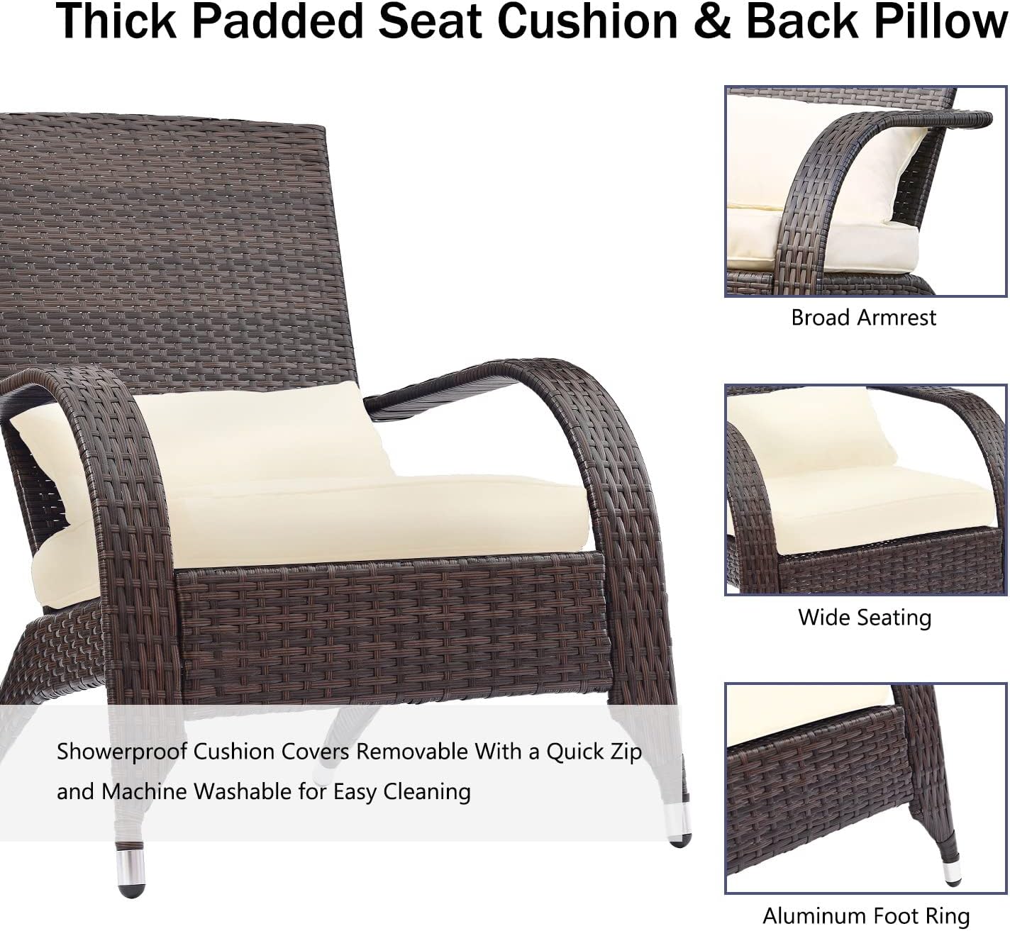 Adirondack Chairs Set 2 Outdoor Wicker Rattan Fire Pit Chairs Oversized Comfy Relax Accent Patio Chairs with Soft Cushion Low Deep Seating Tall Curved Backrest for Outside Backyard Deck Porch Cream