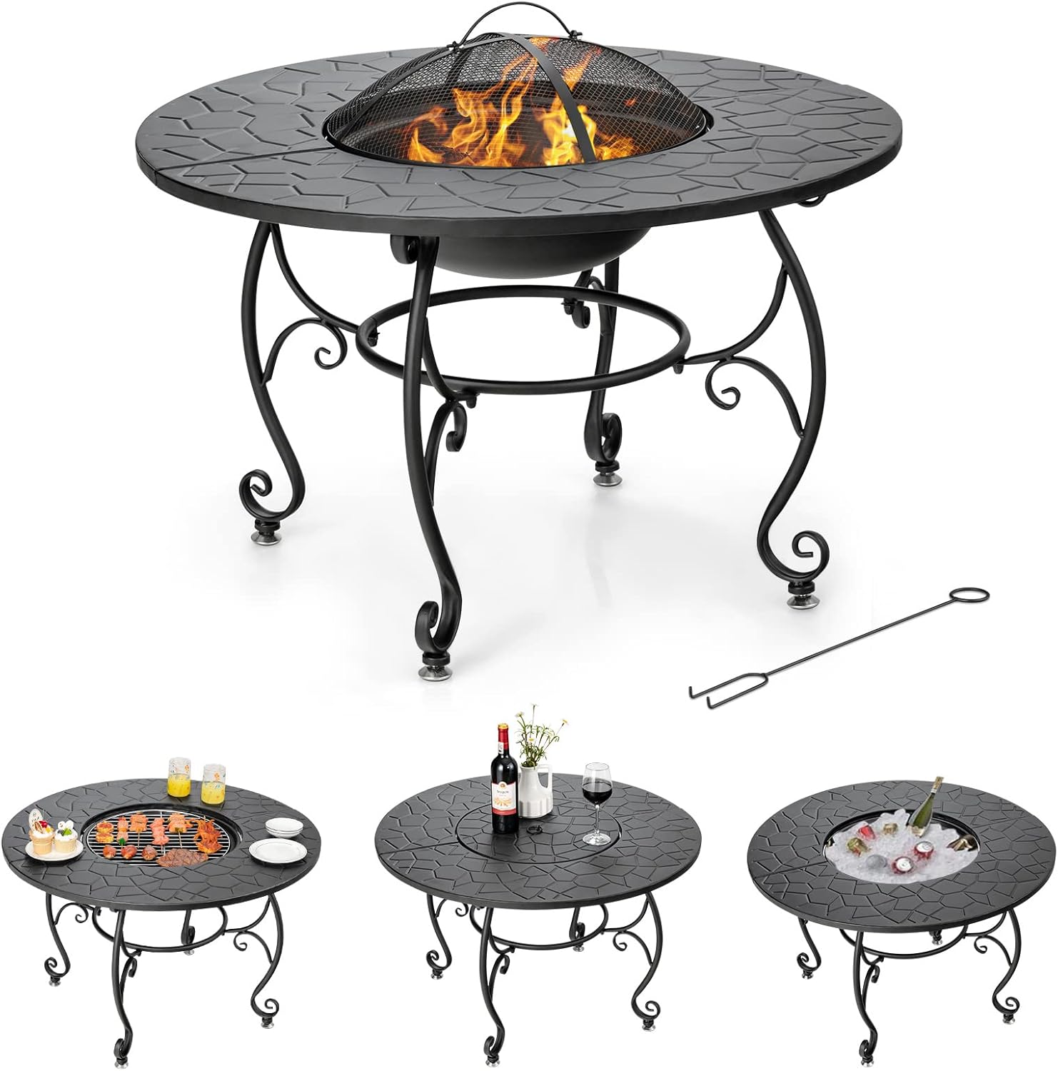 Tangkula Outdoor Fire Pit Table, 4 in 1 36 Inch Round BBQ Garden Fire Bowl with Lid, Bonfire Wood Burning Fire Pit for Outside Backyard Deck Patio, Includes Cooking Grate, Log Grate and Fire Poker