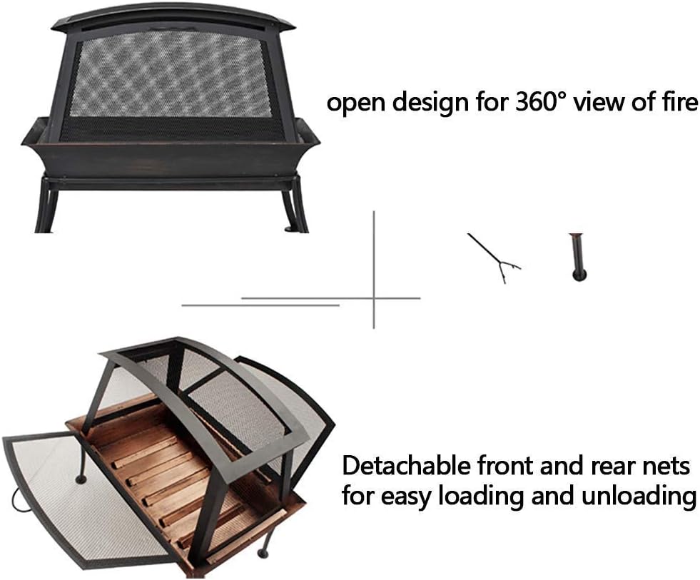 Square Fire Pit with 360 Degree View, Outdoor Wood Burning Fire Pit with Spark Screen, for Patio, Picnic, Garden and d,Outdoor Fire Pits