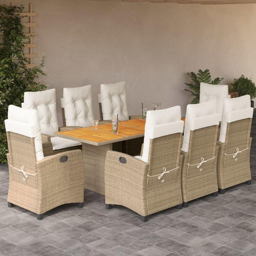 Furniture Sets 9 Piece Patio Dining Set with Cushions Beige Poly Rattan,Outdoor Garden Dining Set with Adjustable Backrest, PE Rattan and Acacia Wood Garden Conversation Sets