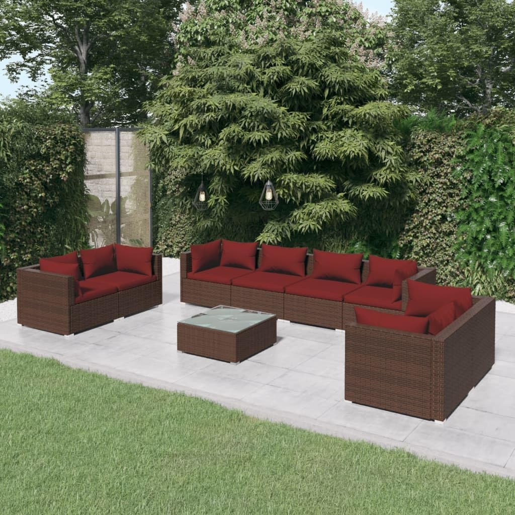 9 Piece Patio Lounge Set with Cushions Poly Rattan Brown,Elegant 3PC Outdoor Patio Rattan Lounge Set with Comfortable Cushions for Outdoor Relaxation Patio Furniture Sets, Outdoor Furniture Sets