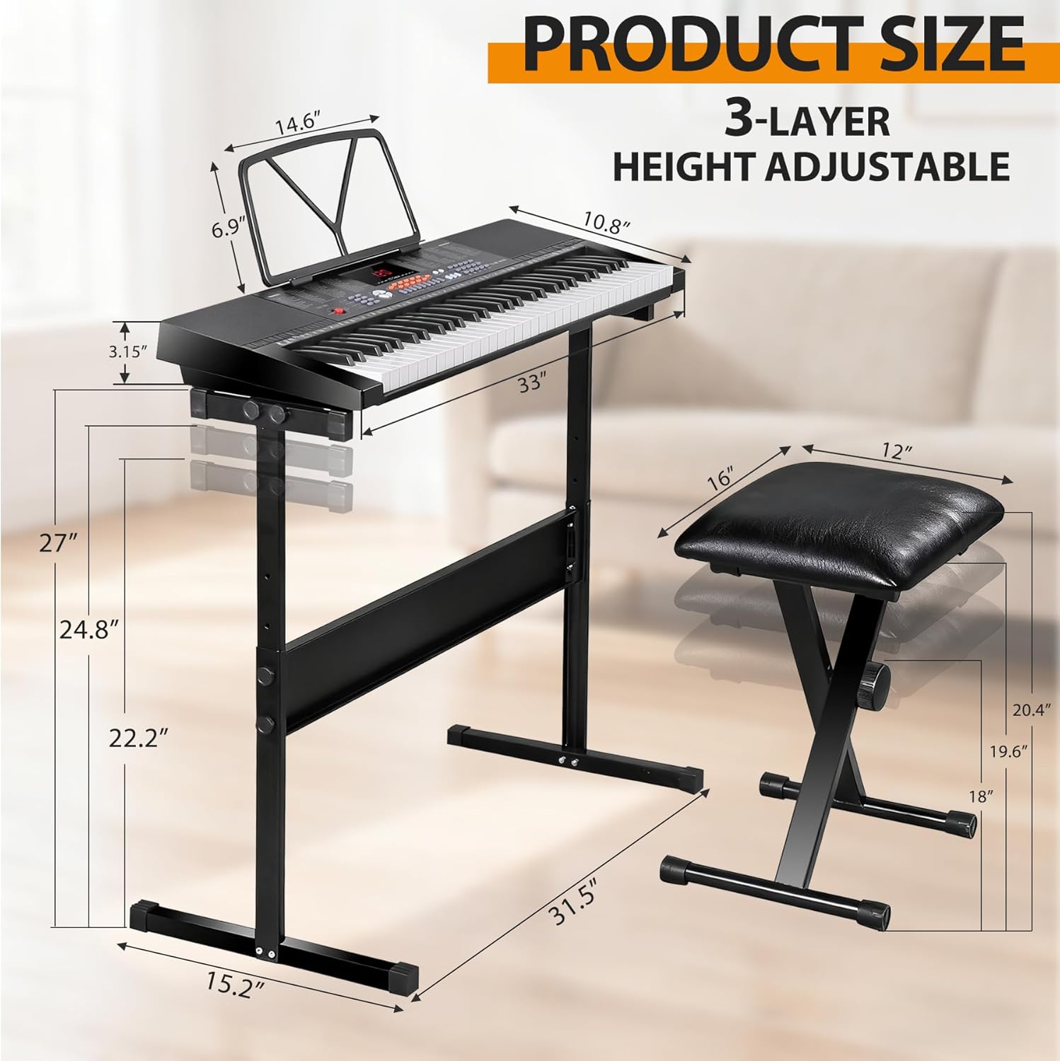 Smartxchoices 61-Key Electronic Keyboard Piano Stand Portable LED Display Keyboard Kit with Adjustable Stand, Adjustable Stool, Headphones, Microphone & Music Rest
