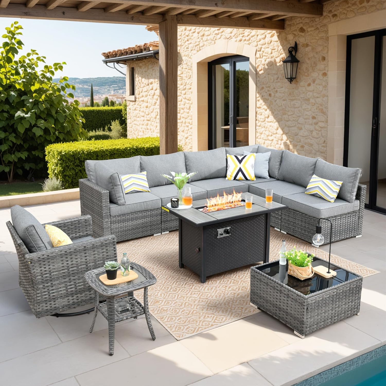 10 Piece Wicker Sectional Patio Furniture with Fire Pit, Outdoor L Shaped Couch with 42'' Firepit Coffee Table Swivel Rocker Chair Conversation Sets for Balcony Backyard Garden, Dark Gray
