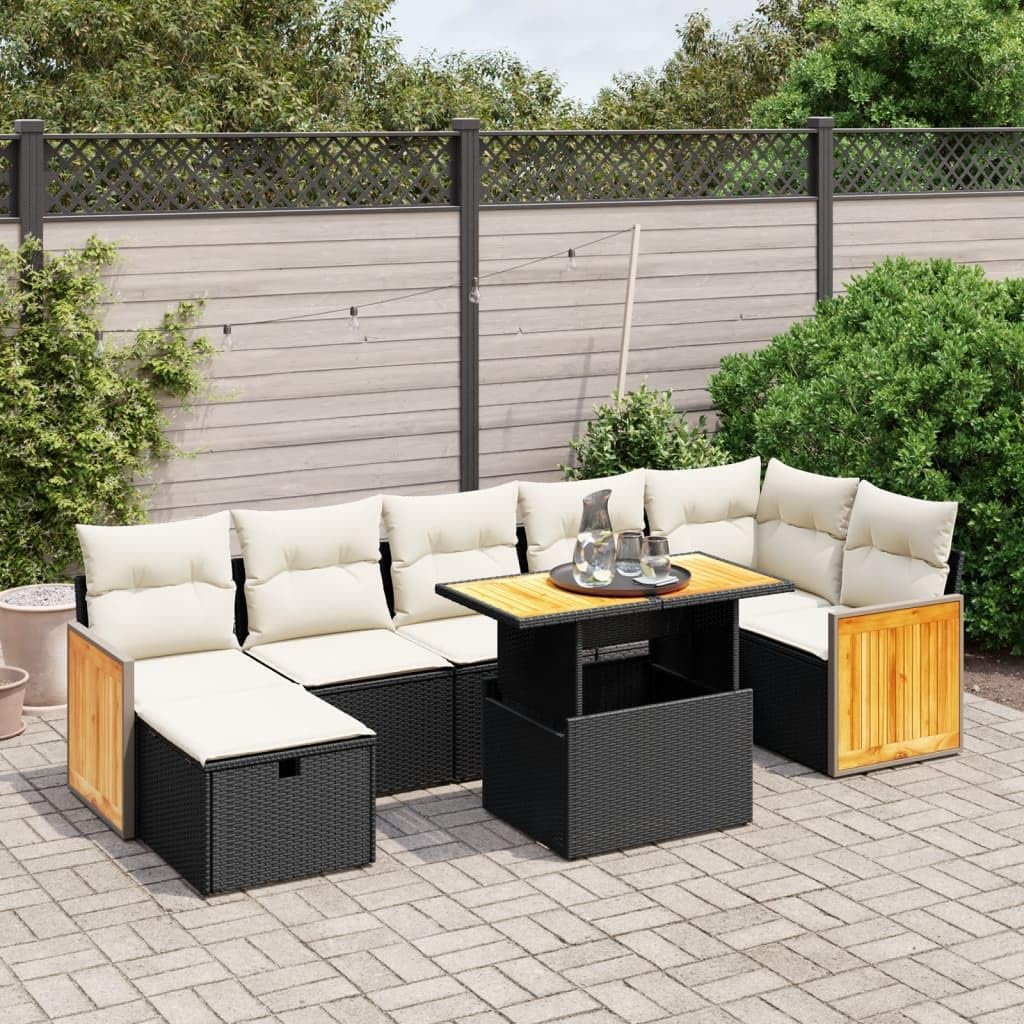8-Piece Garden Sofa Set, Black Poly Rattan, Acacia Wood Frame, Modular Outdoor Patio Furniture, Cream White Cushions, for Balcony, Terrace, Backyard