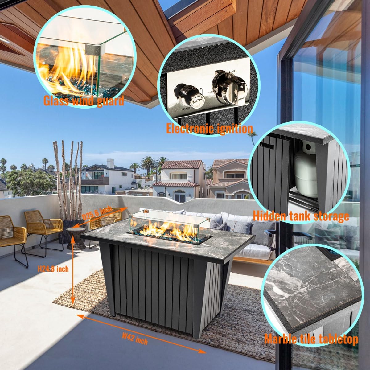 42'' Fire Pit Table with Natural Gas Conversion Kit, Marble Tile Ceramic Tabletop with Glass Wind Guard, Inclined Leg and Art Powder Design, Blue Glass Rocks, Including Lid&Cover