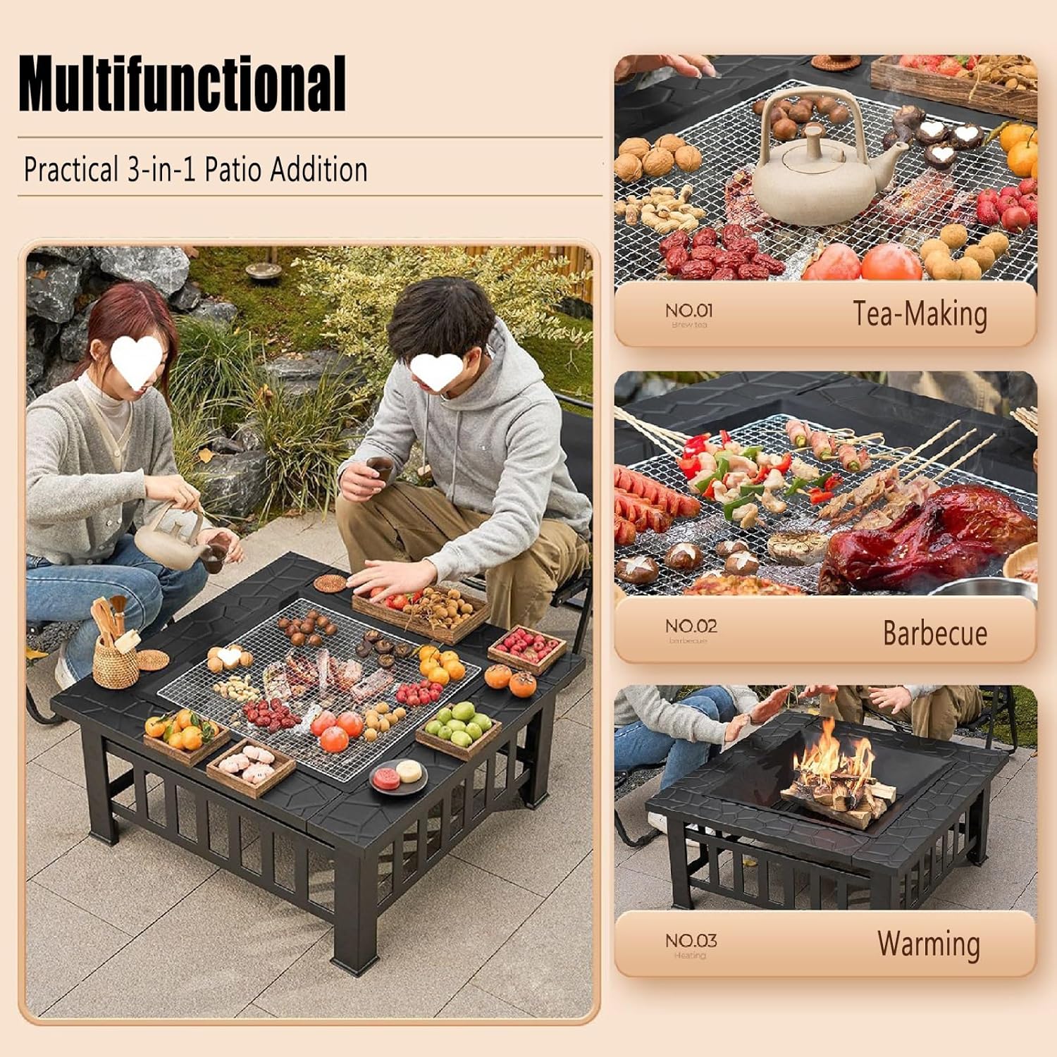 TemkIN Patio Big Fire Pit Table, Heavy Duty Metal Fire Pits with Fire Poker and Spark Screen Lid, Wood Burning Fire Table for Backyard Patio Garden Picnic Camping Bonfire, Black