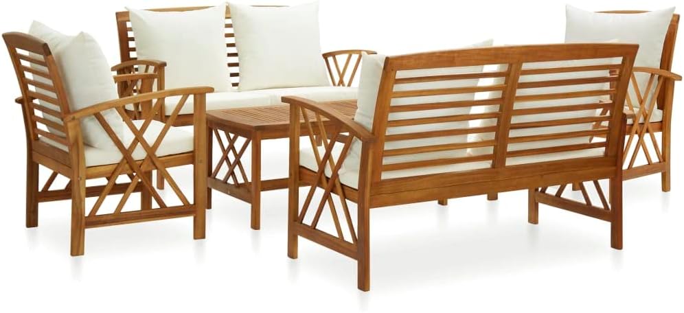 5 Piece Patio Lounge Set with Cushions Solid Acacia Wood,Vintage Wooden Patio Lounge Set with Cream White Cushions for Garden, Patio, and Outdoor Spaces Patio Furniture Sets, Outdoor Furniture Sets