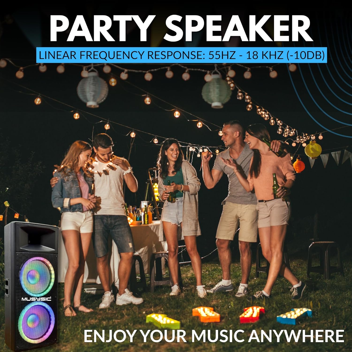 MUSYSIC Portable PA Speaker System w/Bluetooth – Built in 4000W PMPO Amplifier with LED Party Lights Bluetooth, FM, USB, SD 1/4“Inputs PA System – 2 X 15” Subwoofer Speaker