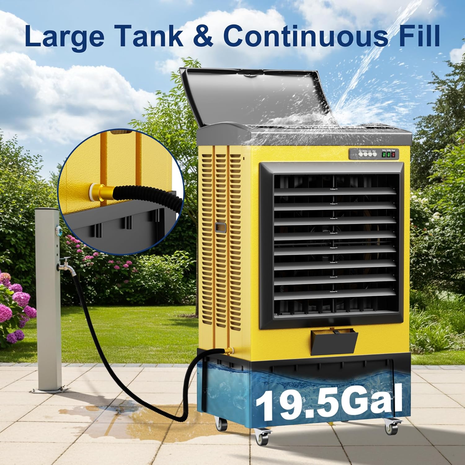 Swamp Cooler, 6550CFM Evaporative Air Coolers with 19.5 Gal Tank, Windowless Air Conditioner 3 Speeds for Outdoor Use, 49 Inch Air Cooler Water Fan for Patio, Garage, Shop, Commercial Yellow