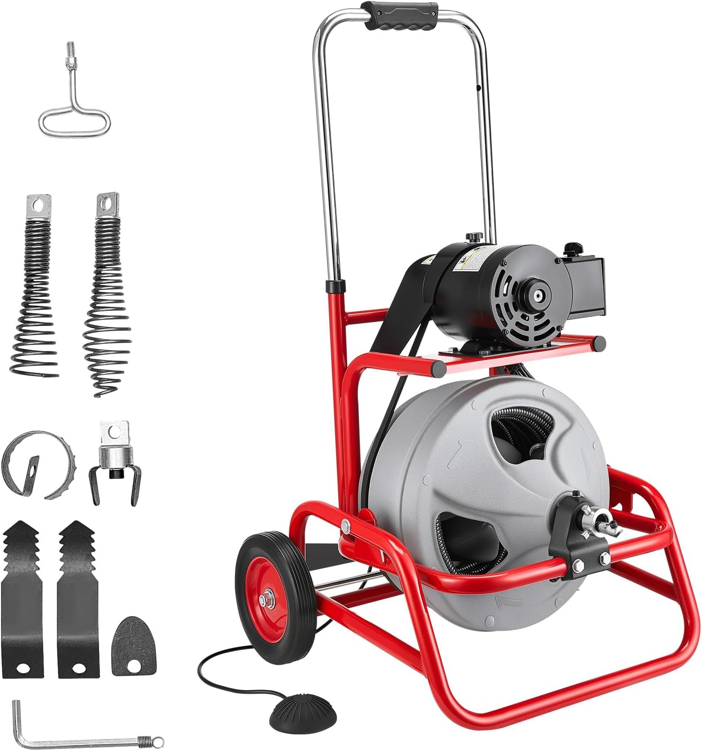 VEVOR Drain Cleaner Machine 75 FT x 3/8 Inch, Sewer Snake Auger on Wheels, Manual Feed Drain Cleaning Machine with Adjustable Drum Angle, 6 Cutters & Air-activated Foot Switch for 2