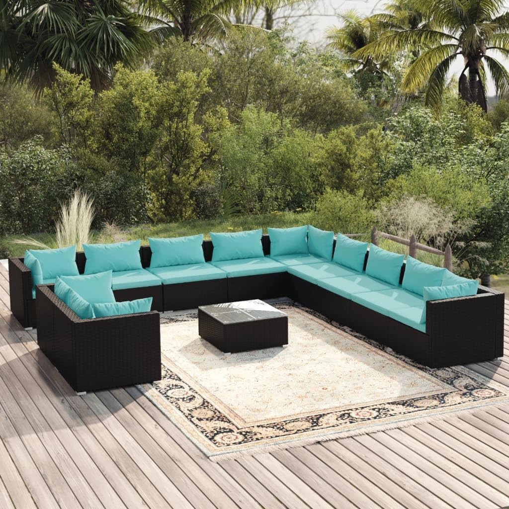12 Piece Patio Lounge Set with Cushions Black Poly Rattan,Stylish Rattan Patio Lounge Set: for Relaxation and Entertainment Patio Furniture, Outdoor Furniture Sets