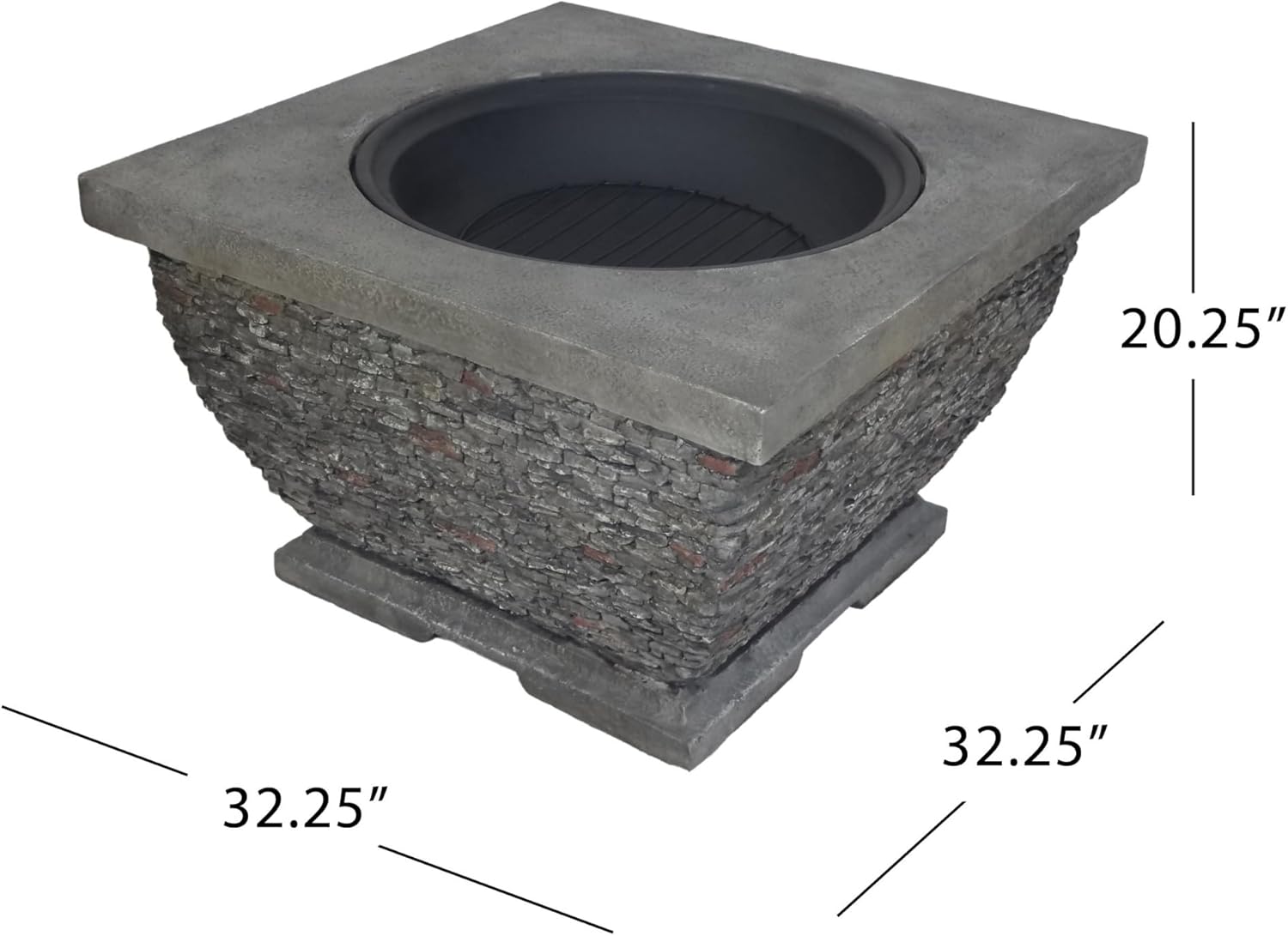 Chery Industrial 32 Inch Square Magnesium Oxide Wood Burning Fire Pit, Lightweight Concrete Outdoor Patio Backyard Firepit, Grey