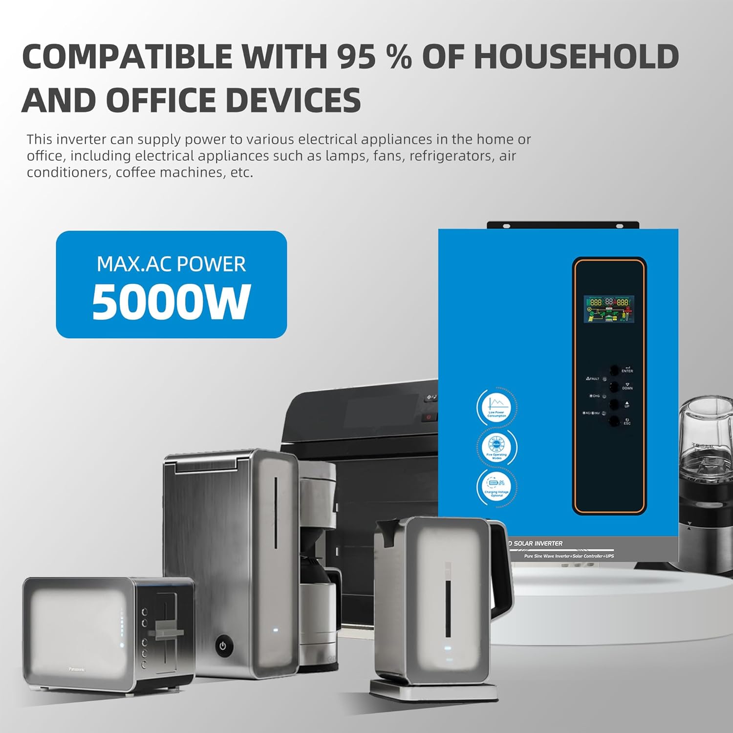 Anern 5000W Off Grid Solar Inverter 48Vdc to 120V, Pure Sine Wave Inverter Built in 120A MPPT Solar Charge Controller Max PV Input 6400W, Work with 48V Lead Acid and Lithium Batteries or Battery-Less