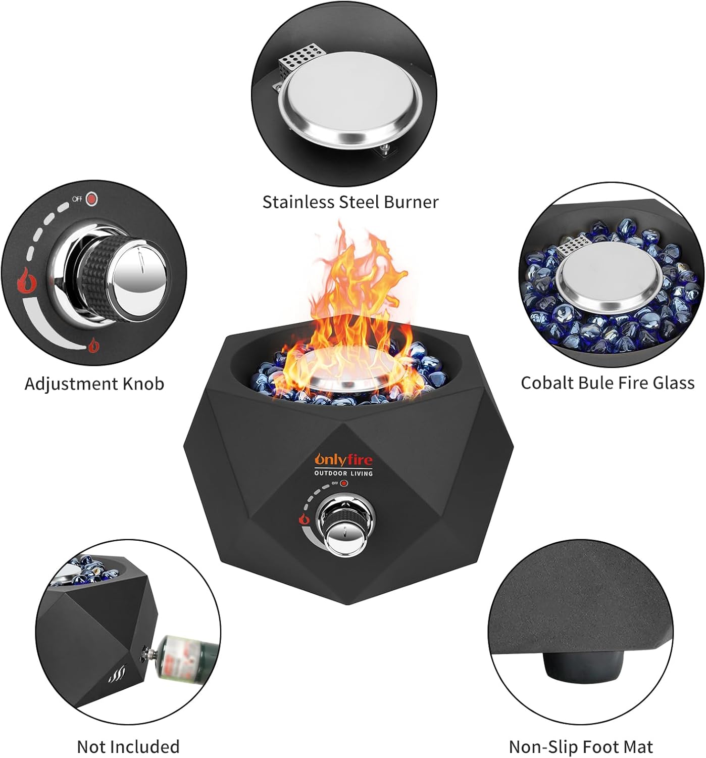 ONLYFIRE OUTDOOR LIVING Propane Gas Fire Pit with Blue Fire Glass Stones, 14