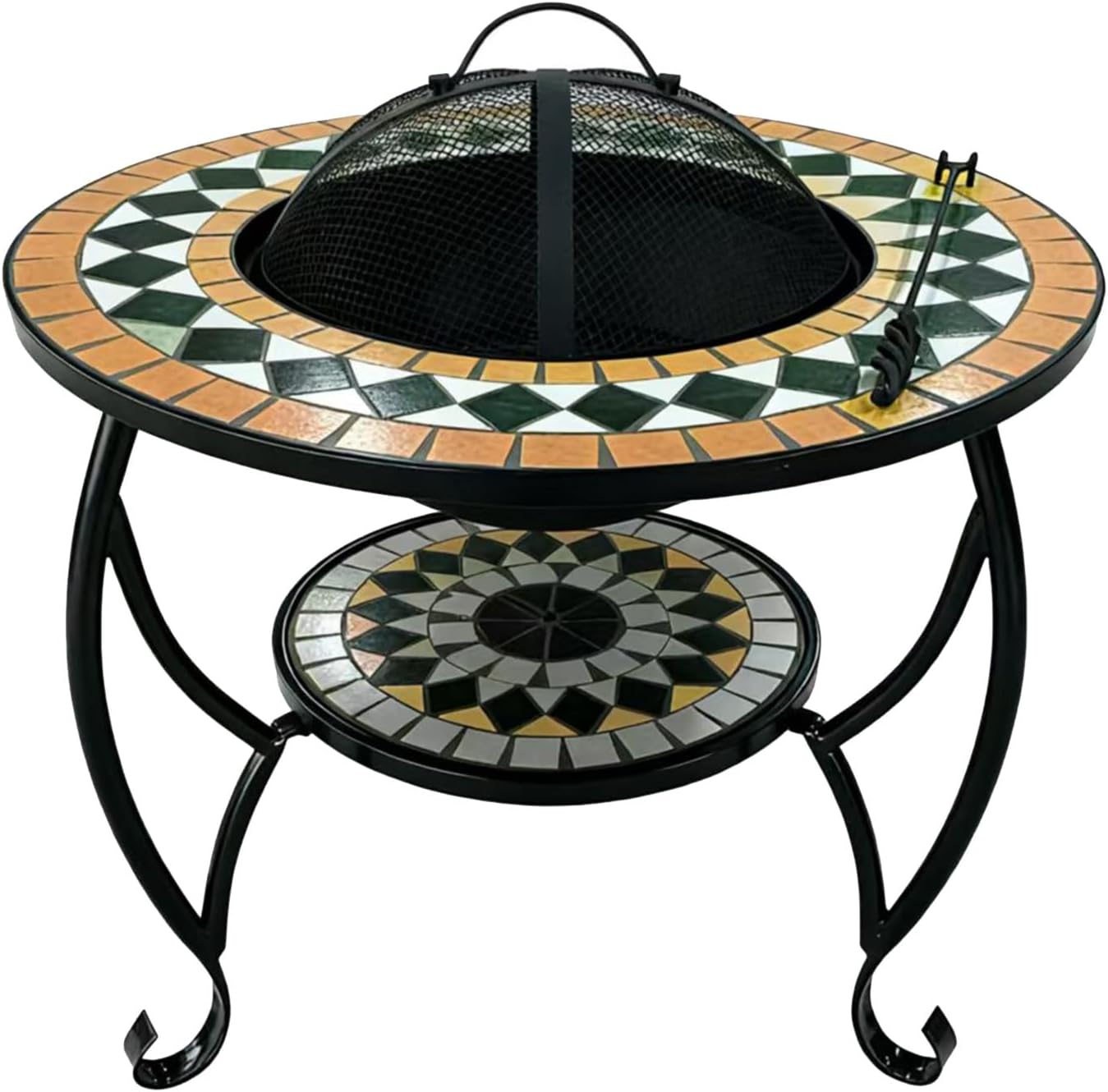 Artisan Home Decor Mosaic Fire Pit Table with Mesh Cover, Yellow and Green Tile Pattern, Metal Frame, 2-Tier Design, Freestanding Customized (Color on The Picture)