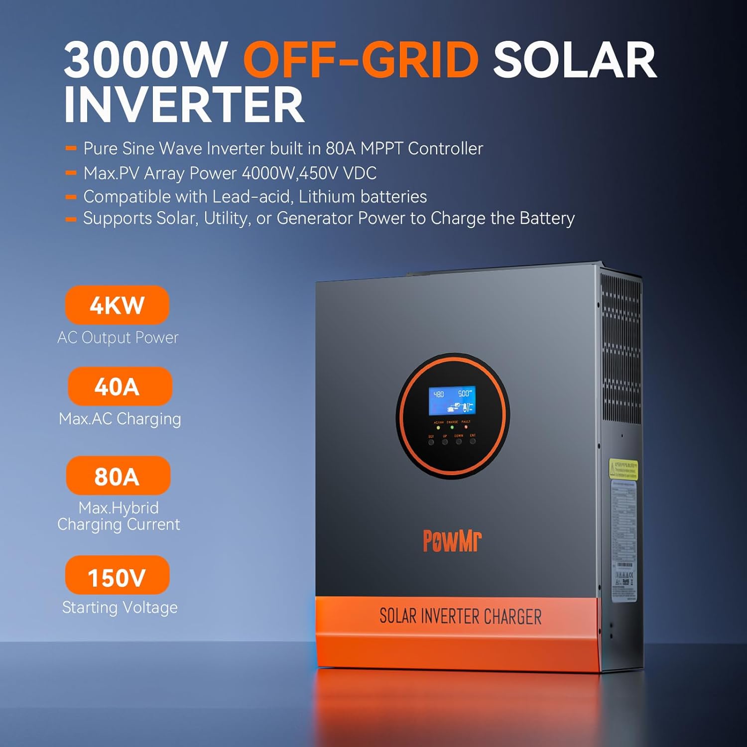 3000W Solar Inverter 24V to 110V,Pure Sine Wave Power Hybrid Inverter 3000 watt Built-in 80A MPPT Charge Controller Max PV Input 4KW 450V, for 24V Lead-Acid/Lithium Battery