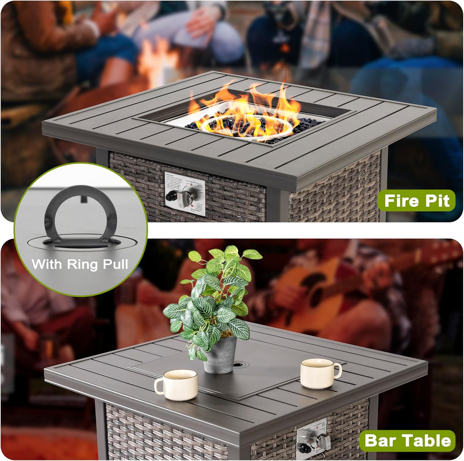 Nuu Garden 30 inch Outdoor Propane Fire Pit 50,000 BTU Gas Fire Pit Table with Lid, Hand-Woven Wicker, Square Gas Fire Table with Glass Beads for Garden, Patio, CSA Certification