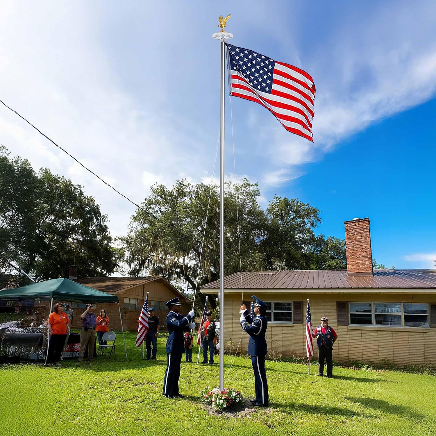 Yescom Bravery MEGA 25 Ft Flag Pole Kit with Solar Light & Deck Mount for Outside House 13 Gauge Heavy Duty Aluminum Sectional Inground Flagpole for High Wind Outdoor Patio Dock Side Silver